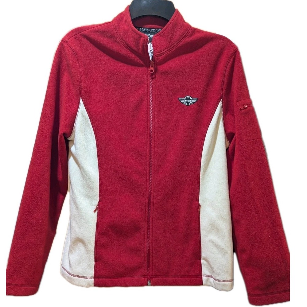 MINI Cooper Men's Red Cream Fleece Jacket Medium‎ Embroidered Logo Zip Pockets